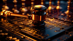Image AdobeStock Judicial gavel and AI symbol. Jurisprudence and ban artificial intelligence concept.